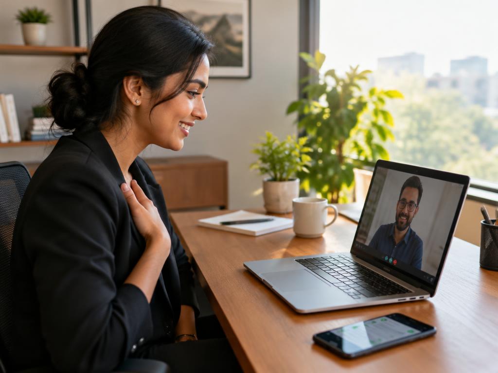 Young professional on a video call, relieved, working away from home