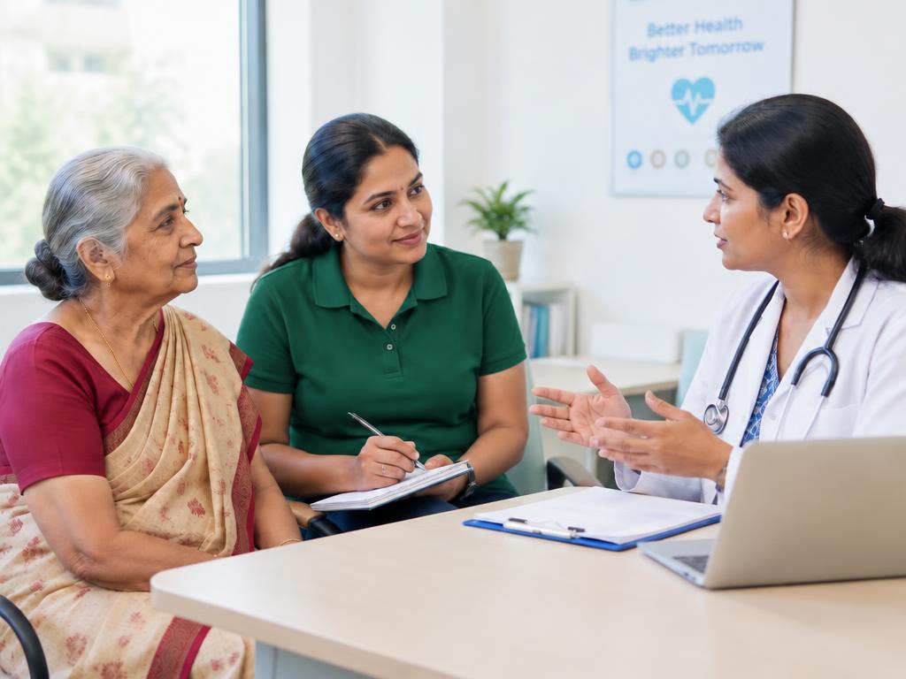 Companion taking notes beside an elderly woman as a doctor explains