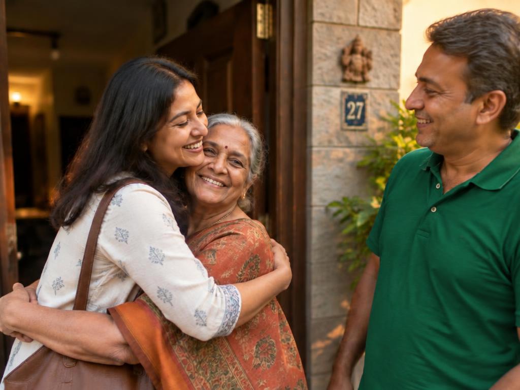 Daughter hugging her elderly mother at home while a companion smiles nearby