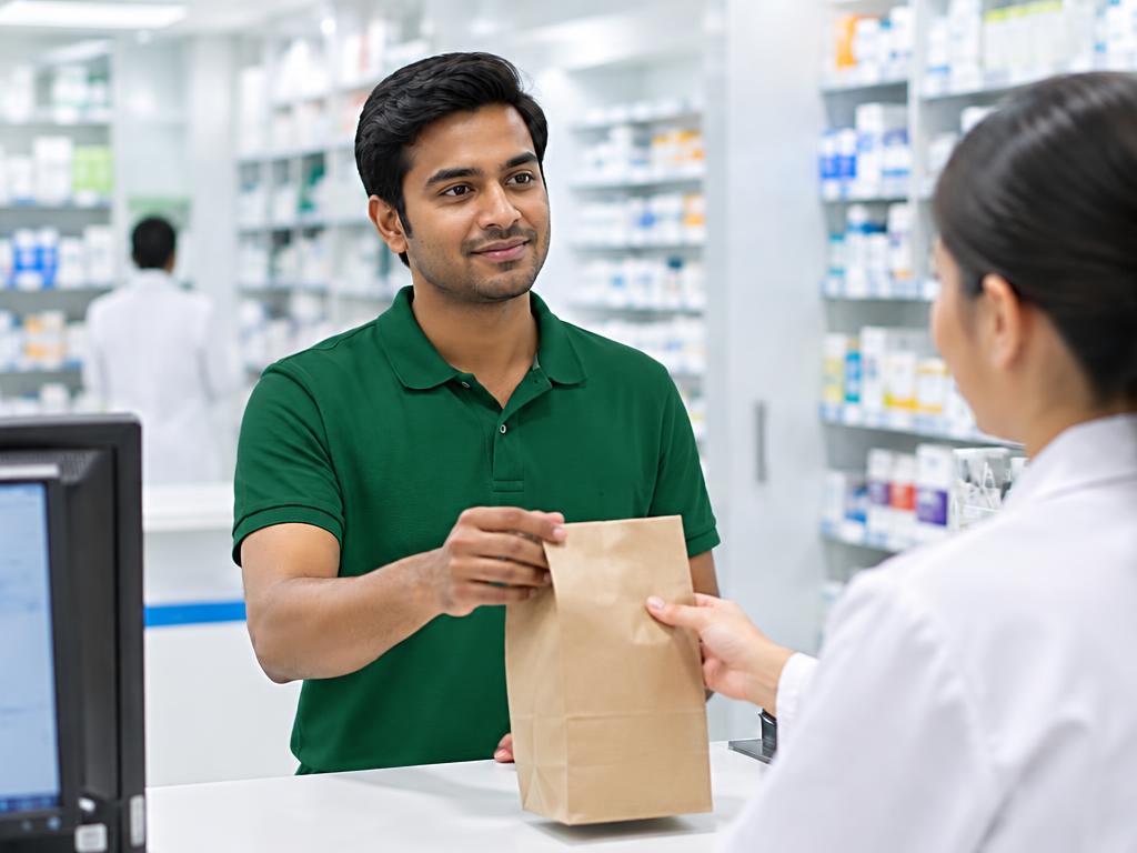 Companion collecting a bag of medicines at a pharmacy counter