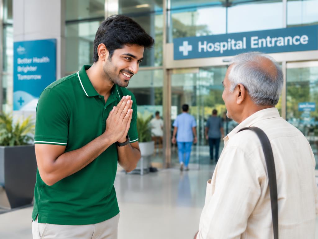Companion greeting an elderly man with a namaste at a hospital entrance