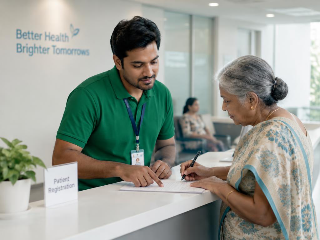 Companion helping an elderly woman fill a registration form at a hospital desk