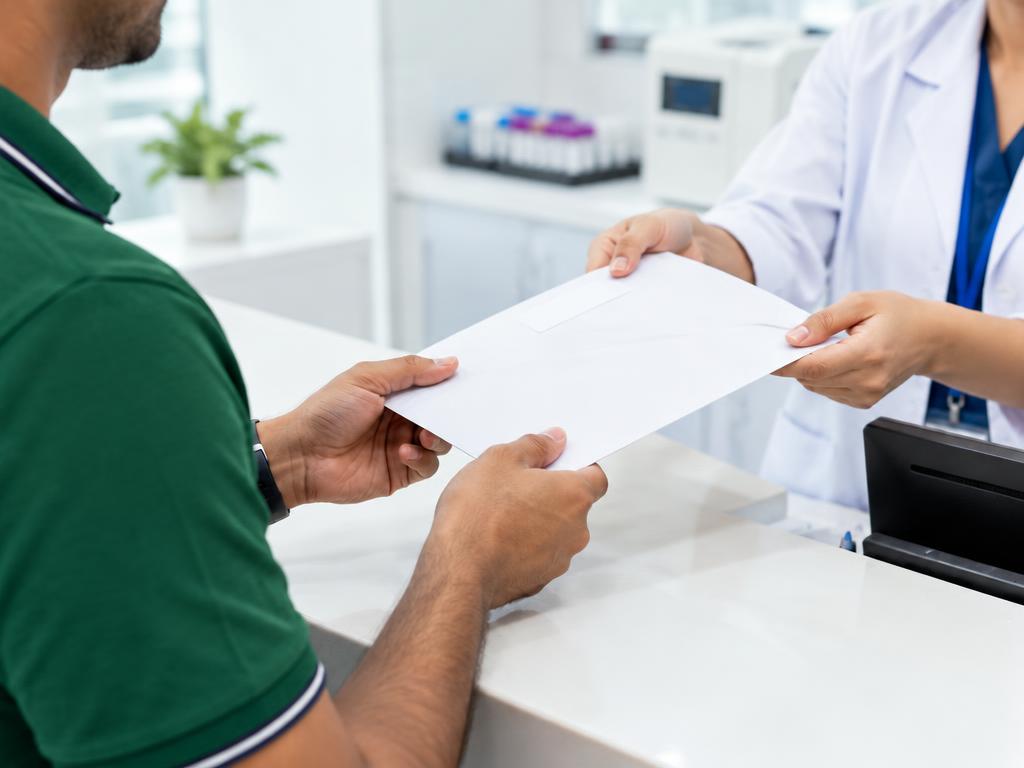 Companion receiving a sealed report envelope at a lab counter